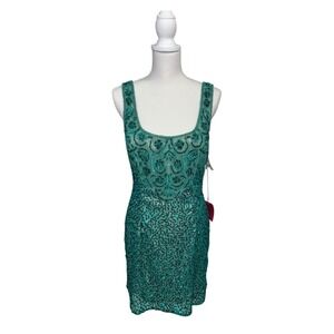 NWT VTG 90s Hartley Elizabeth Couture Emerald 4 Hand Beaded Sequin Mini Dress